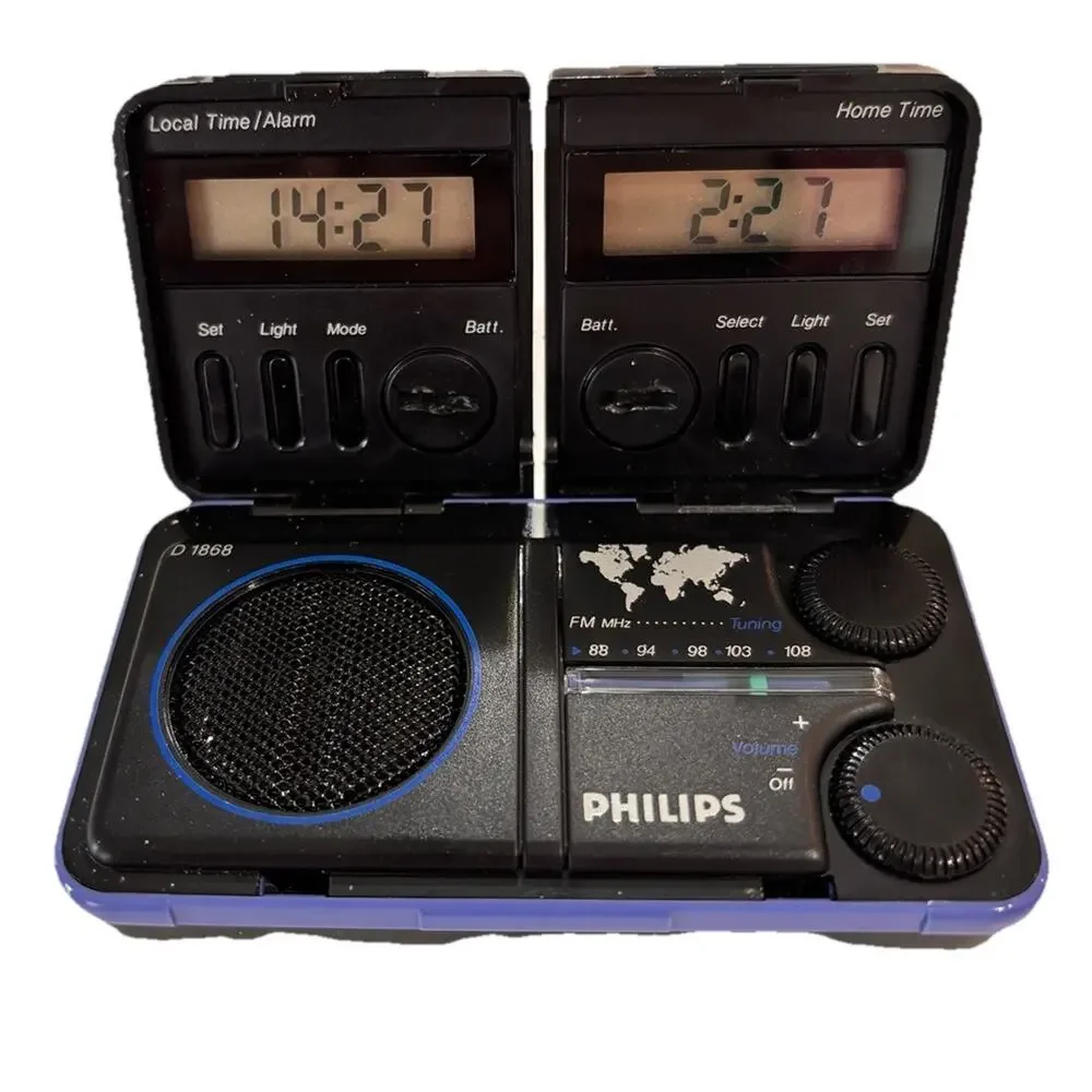 Vintage 1986 Phillips Mini Travel Radio Clock Dual Time Model D-1868 New Battery